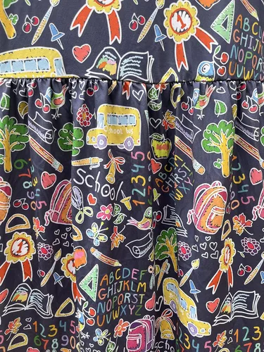 Miniatura 7 de Vestidos de regreso a la escuela para niñas pequeñas: manzana, lápices, ratón de biblioteca, autobús escolar, pegamento, telurión, pizarra arcoíris