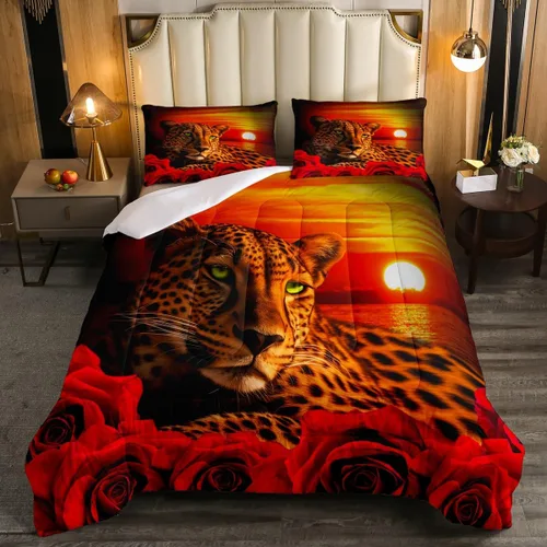 Miniatura 36 de Erosebridal Juego de ropa de cama de guepardo con rosa azul, juego de edredón con estampado de leopardo y gato, edredón romántico de plumón