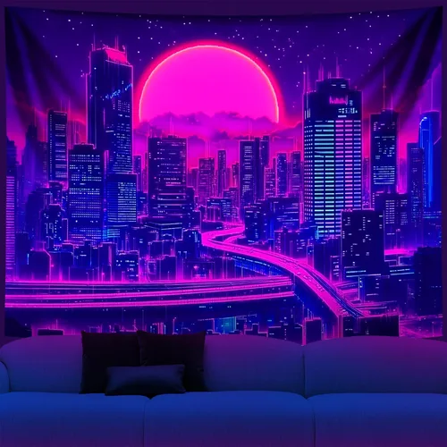 Miniatura 9 de NYZE Tapiz de luz negra de ciudad, tapiz de anime japonés, juego punk, fantasía, vista nocturna, paisaje urbano, arte futurista, neón, tapices