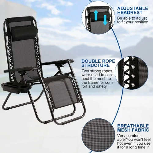Miniatura 6 de Dkeli Zero Gravity - Juego de 2 sillas plegables y ajustables para patio con portavasos para exteriores, reclinables, para campamento, junto a