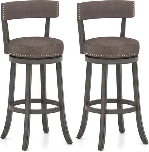 Miniatura 13 de COSTWAY Taburete de bar giratorio de 27 pulgadas, con respaldo acolchado y patas de madera de goma, silla de desayuno para isla de cocina