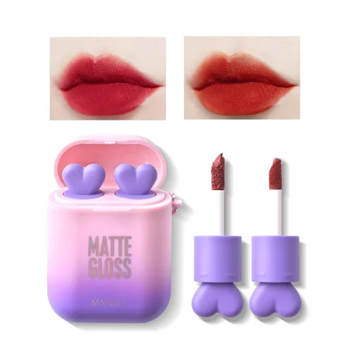 Miniatura 12 de Juego de 2 lápices de labios mate, a prueba de agua, acabado terciopelo de larga duración, humectante, para labios, doble color, brillo de labios