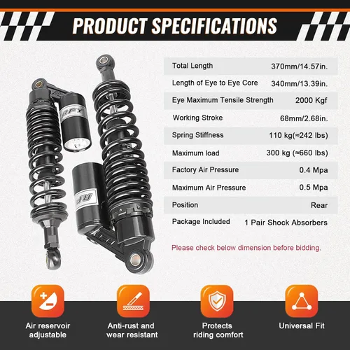 Miniatura 5 de Par de amortiguadores de aire para motocicleta de 340 mm, ajuste universal para la parte trasera, para HONDA, Suzuki, Yamaha, Kawasaki ATV Go Kart