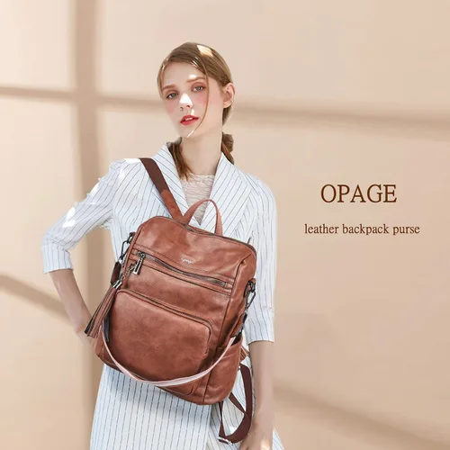 Miniatura 19 de OPAGE - Mochila de cuero para mujer, con borla de moda, bolso de hombro, mochila grande, bolsa de viaje, gris, L