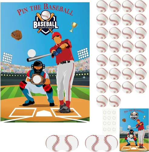 PLULON Pin The Baseball Party Game para niños Pin The Baseball en el Guante y el Batón Póster grande con pegatinas para decoraciones de pared de