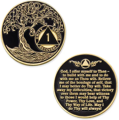Miniatura 3 de 1 año Sobriety Mint Twisted Tree of Life Medallón de recuperación AA chapado en oro, chip/ficha - negro