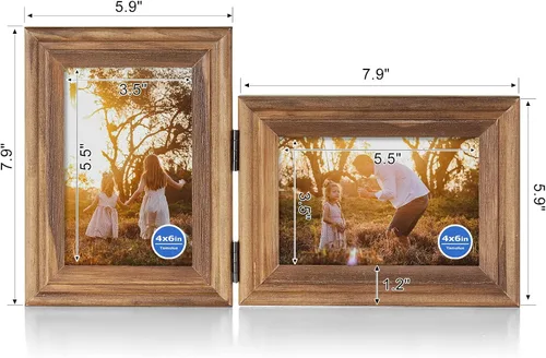 Miniatura 2 de Marco de fotos doble con bisagras de 4 x 6 pulgadas, marco de fotos plegable vertical y horizontal en madera de pino envejecida con veta de granja