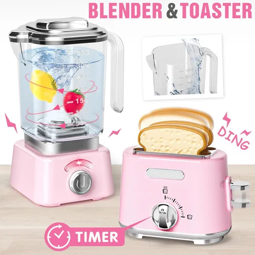 Miniatura 5 de Juego de juguetes de cocina para niños, 7 piezas sin BPA, aparatos de juego de simulación con sonido ligero, cafetera, batidora, batidora, tostadora