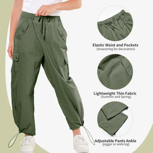 Miniatura 6 de Rolanko Pantalones de paracaídas para niñas, pantalones cargo Y2K con bolsillos, pantalones deportivos Harajuku para niños de 4 a 14 años