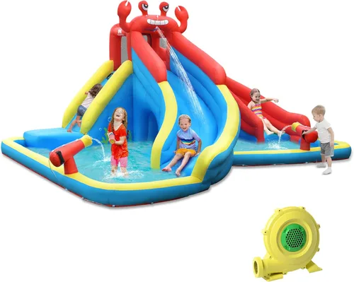 BOUNTECH - Tobogán acuático inflable, parque acuático 7 en 1 para niños y adultos, diversión al aire libre con doble tobogán largo, soplador de 950