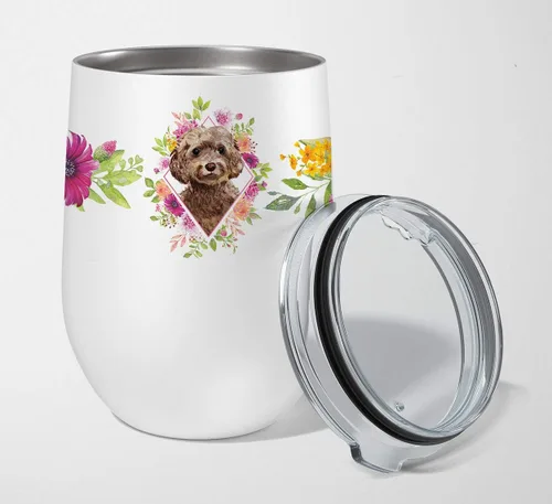 Miniatura 71 de Caroline's Treasures CK4110TBL12 Afghan Hound Pink Flowers - Vaso de vino aislado de acero inoxidable de 12 onzas con tapa, bonita taza de viaje