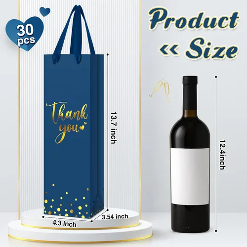 Miniatura 3 de Ctosree 30 bolsas de regalo para botellas de vino con asa de 4.3 x 3.5 x 13.7 pulgadas, bolsa de papel de licor para agradecimiento, papel de azul