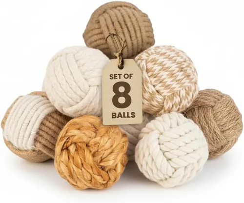 Bolas de cuerda náuticas decorativas – 2 pulgadas – Juego de 8 – Hecho a mano de yute y algodón – para rellenos de cuencos de granja, detalles Yute