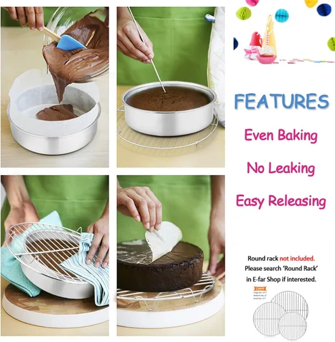 Miniatura 5 de E-far Juego de 3 moldes redondos de acero inoxidable para tartas de 6 pulgadas, no tóxicos, saludables, acabado espejo y aptos para lavavajillas