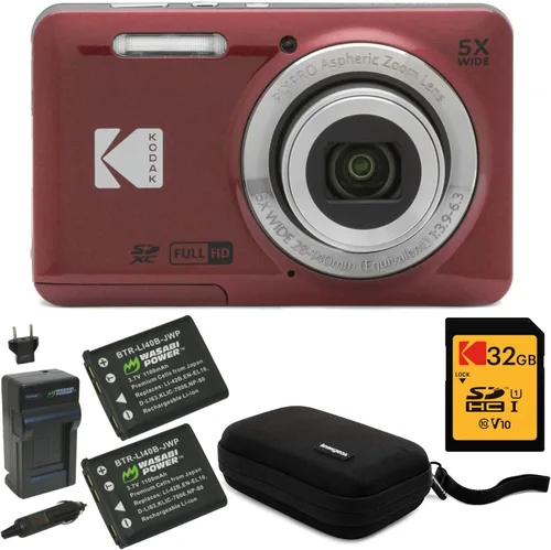 KODAK PIXPRO Friendly Zoom FZ55 - Paquete de cámara digital (rojo) con tarjeta SD de 32 GB, funda para cámara y cargador de viaje de batería (4