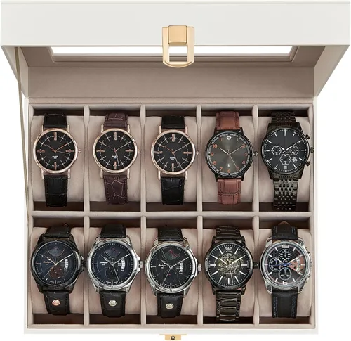 SONGMICS Caja de reloj, regalos de Navidad, caja de reloj de 10 ranuras con tapa de vidrio grande, almohadas de reloj extraíbles, organizador,