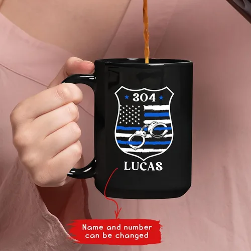 Miniatura 3 de Taza de café personalizada con nombre de la policía con nombre de la policía, con línea azul fina, 11 onzas y 15 onzas Taza negra de la bandera