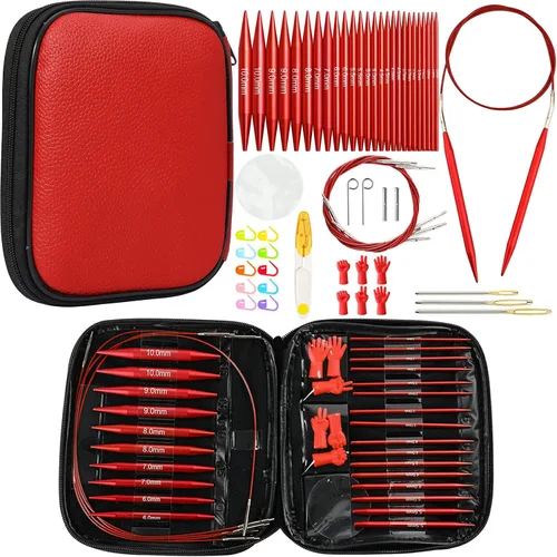 Miniatura 8 de Looen Juego de 57 agujas de tejer circulares de aluminio con asas ergonómicas, agujas de ganchillo intercambiables de 13 tamaños con estuche