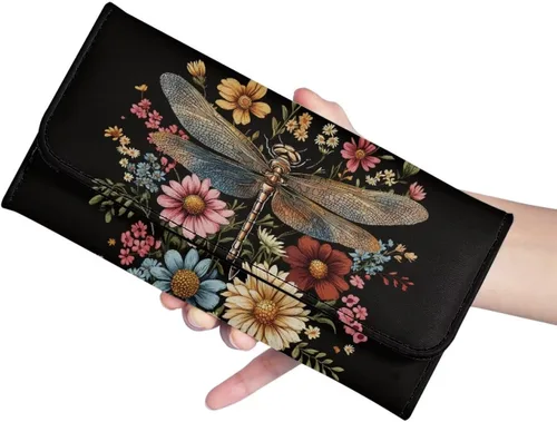 Miniatura 5 de AFPANQZ Carteras de bolsillo para mujer, diseño de libélula 3D, de cuero, con ranuras para tarjetas múltiples, elegante cartera con cierre