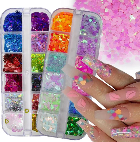 24 colores de corazón con purpurina para uñas, corazones holográficos, copos de purpurina gruesa, confeti para diseños de arte de uñas,