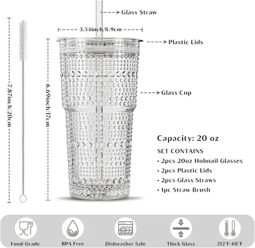 Miniatura 2 de INSETLAN Vasos de vidrio de hobnail de 20 onzas con tapas y pajitas de vidrio, 2 piezas, vasos de vidrio de pared gruesa para café helado, batidos