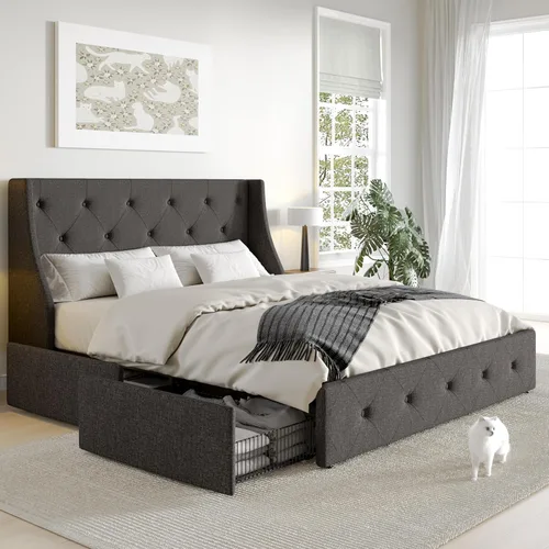 Miniatura 8 de SHA CERLIN Marco de cama tapizado de tamaño matrimonial con 4 cajones de almacenamiento y cabecera con respaldo de ala, diseño capitonado de botón