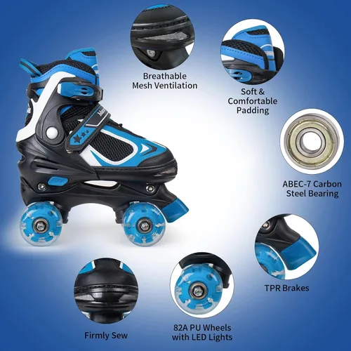 Miniatura 2 de MammyGol Patines de ruedas para niños y niñas, patines cuádruples de 4 tamaños ajustables para niños con todas las ruedas que se iluminan, Azul