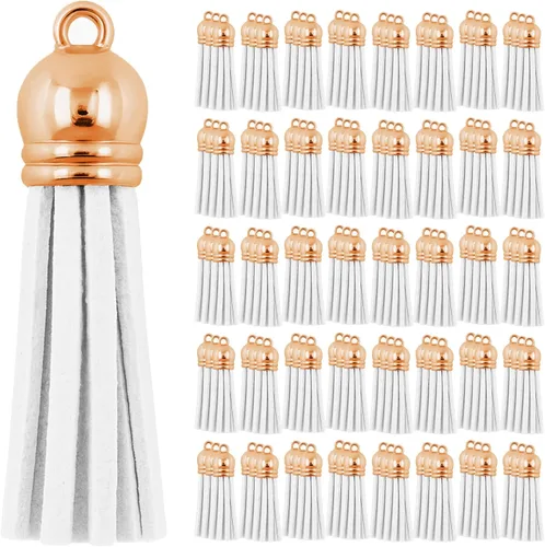 Miniatura 129 de Mandala Crafts 100 borlas de gamuza sintética color aguamarina con tapa dorada, suministros para hacer llaveros a granel, pequeñas borlas de cuero