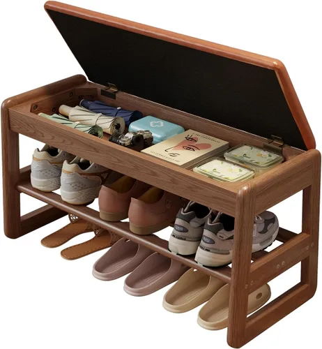 Miniatura 22 de AQIMUELE Banco pequeño para zapatos, banco de zapatos de 2 niveles con almacenamiento con tapa abatible, zapatero de madera para entrada, pasillo