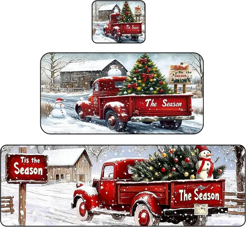 Juego de 2 alfombras de Navidad para interiores, regalos de decoración del hogar de invierno, tapete de cocina de Navidad vintage con coche rojo,