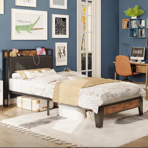 Miniatura 4 de LIKIMIO Marcos de Cama Twin XL, Cabecera de Almacenamiento con Estación de Carga, Sólido y Estable, Sin Ruido, No Necesita Somier, Fácil Montaje