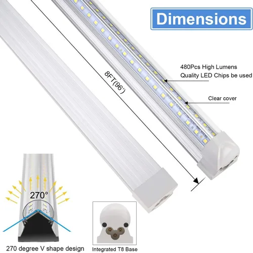 Miniatura 3 de Henwsi Lámpara LED de tienda de 8 pies, paquete de 10 luces de tubo integradas T8, 72 W, 9500 lúmenes, 6500 K, cubierta transparente de alto
