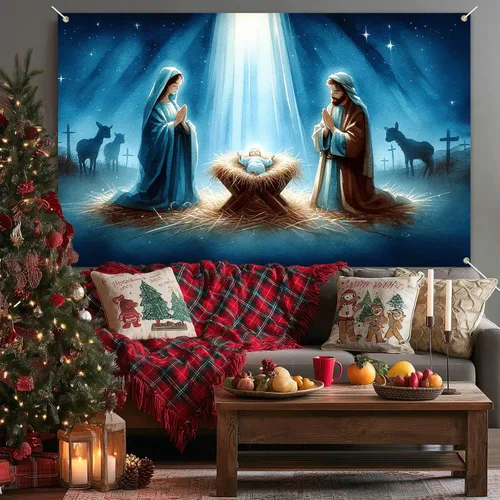 Miniatura 2 de BlissYard Fondo de Escena de la Natividad 71x43 Pulgadas Pancarta de la Escena del Pesebre de la Noche Santa Telón de Fondo Religioso Cristiano