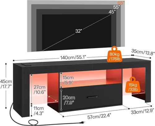Miniatura 3 de HOOBRO Soporte de TV LED con tomas de corriente para TV de hasta 65 pulgadas, centro de entretenimiento para videojuegos con estantes de vidrio