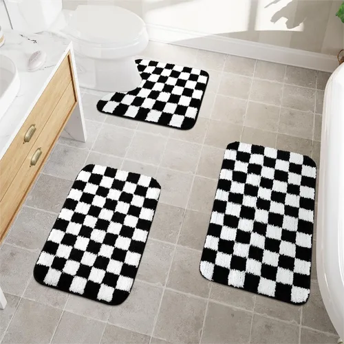 Miniatura 7 de Uphome Juego de alfombras de baño de 3 piezas, juego de alfombras de baño a cuadros en blanco y negro, antideslizantes, lavables a máquina, tapete