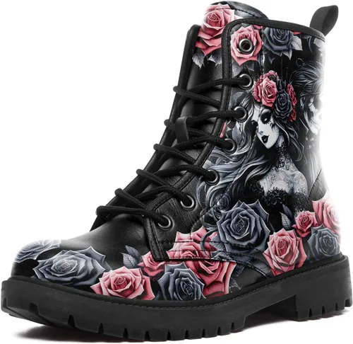 Miniatura 11 de Botines de combate para mujer, con estampado de corazón, botines cortos de moda con rosas y calavera, botas de trabajo duraderas con cordones