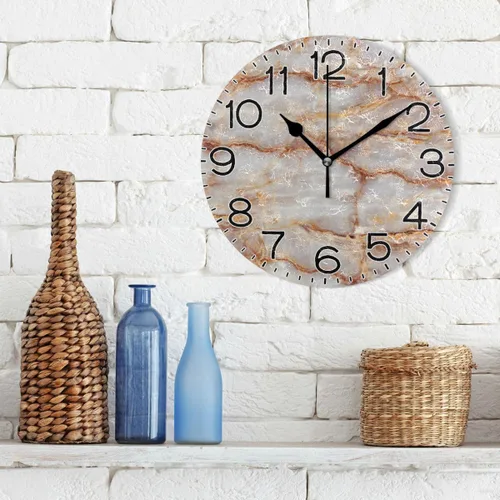Miniatura 3 de ALAZA Reloj de pared de mármol marrón natural, funciona con pilas, sin tictac, silencioso, de cuarzo, analógico, rústico, rústico, reloj redondo