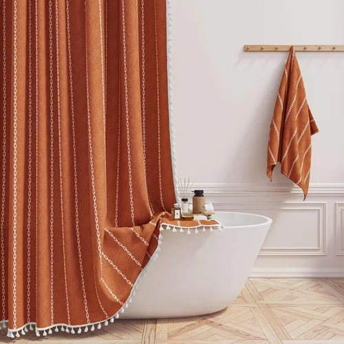 Miniatura 26 de BTTN - Cortina de ducha bohemia para cubículo de 36x72 - Juego de cortina de lino estrecha ultra gruesa con rayas y borlas, con 6 ganchos, cortinas