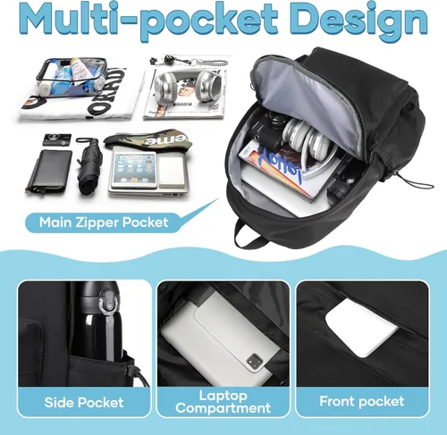 Miniatura 5 de Mochila escolar negra para niñas, niños, escuela secundaria, universidad, mochila para libros, linda mochila estética, bolsa ligera, impermeable