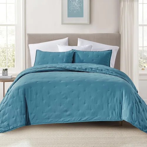 Miniatura 8 de BOURINA - Juego de colcha bordado de 3 piezas, microfibra prelavada, ultra suave, ligera, con bordado de estrellas, para cama full/queen, color rosa