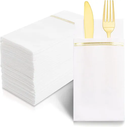 Nervure 100 servilletas de papel doradas con bolsillo integrado para cubiertos - Servilletas desechables preplegadas blancas y doradas tipo tela -
