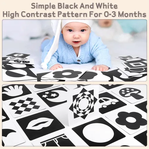 Miniatura 2 de Dreamon 32 juguetes sensoriales de alto contraste para bebés en blanco y negro, juguetes para recién nacidos con sonajero, libro suave y tarjetas