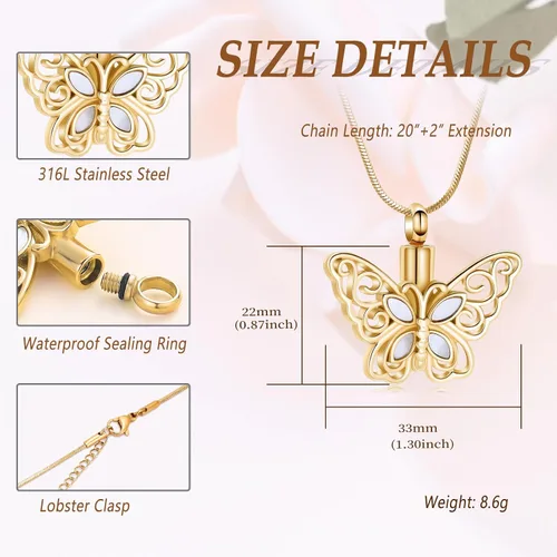 Miniatura 66 de Minicremation Joyas de cremación para cenizas – Collar conmemorativo de mariposa con colgante de urna para cenizas de seres queridos