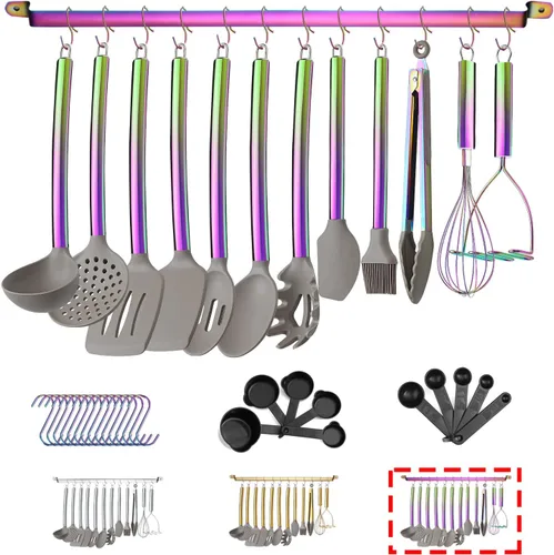 Juego de utensilios de cocina de silicona de 38 piezas con estante para utensilios, cabeza de silicona y mango de acero inoxidable, herramientas de