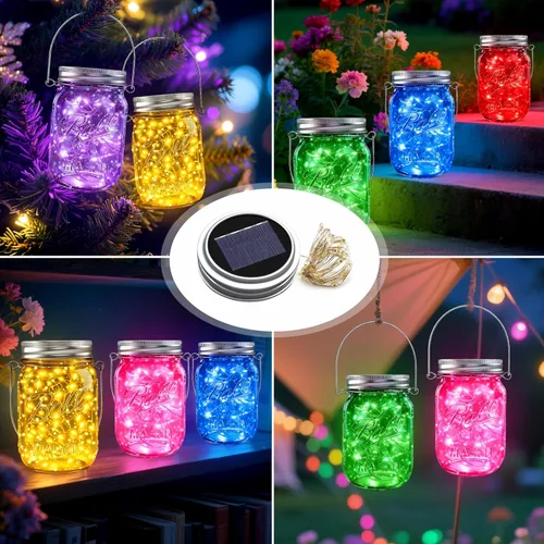 Miniatura 6 de Luces solares en tarro de masón para exteriores, paquete de 12 30 luces LED de luciérnaga, tapas solares para exteriores impermeables con ganchos