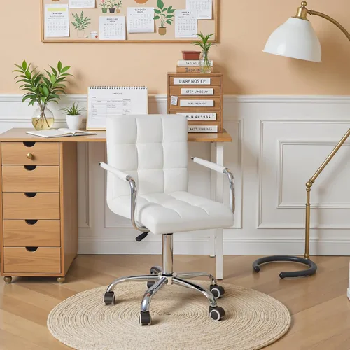 Miniatura 7 de Furmax silla de oficina con respaldo medio de piel sintética, silla ejecutiva moderna, ajustable, silla de escritorio para el hogar, silla de Blanco