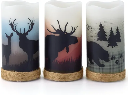 CANDLE IDEA 3 piezas de velas de pilar de cera real operadas por batería con encantadores calcomanías de ciervo, alce y oso, velas LED sin llama
