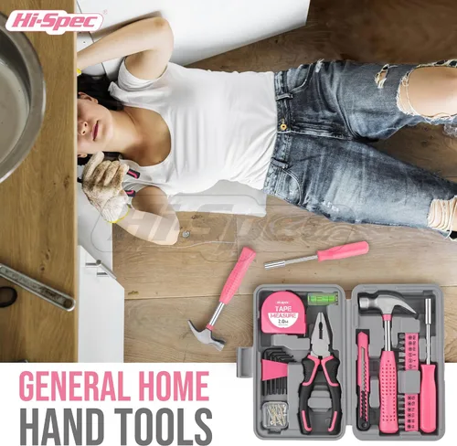 Miniatura 5 de Juego de herramientas Hi-Spec de 25 piezas, rosa, para el hogar, kit de bricolaje para mujeres. Juego de herramientas pequeñas y mini, básicas