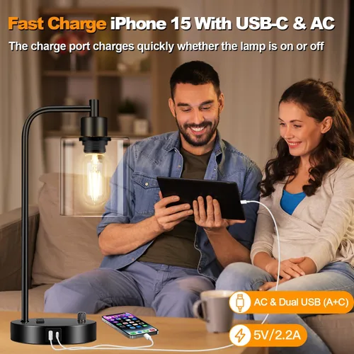 Miniatura 6 de Lámpara de mesa industrial con puertos USB A+C y toma de corriente, lámpara de mesita de noche moderna totalmente regulable, lámpara de escritorio
