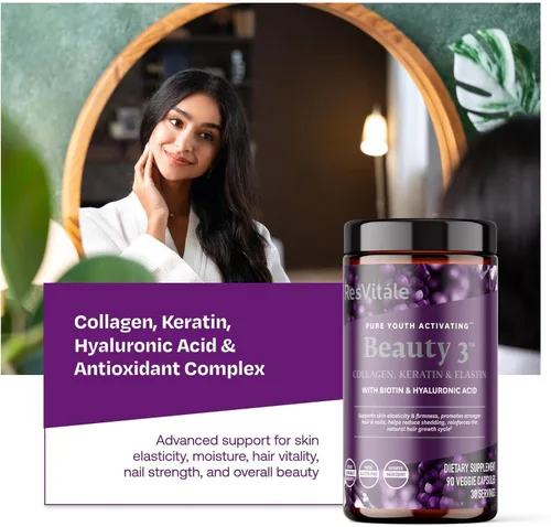 Miniatura 5 de ResVitále Beauty 3 - Suplemento para el cuidado de la piel con colágeno, queratina y elastina - 90 cápsulas